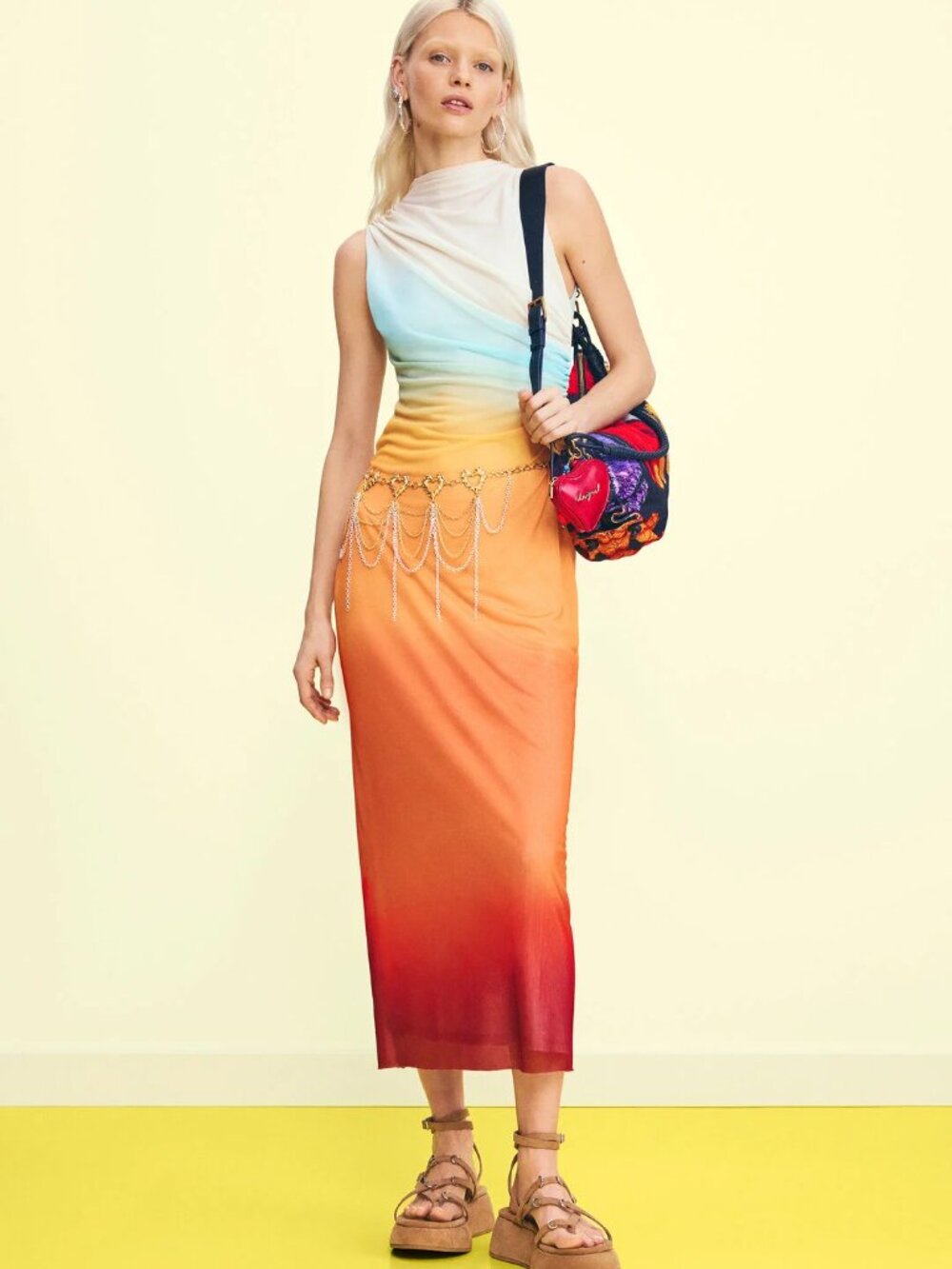 Desigual Cream Orange Sleeveless Ombre Tulle Maxi Dress M